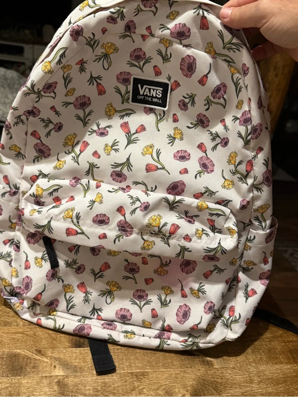 Vans Old Skool White Floral Canvas Backpack with Pink & Yellow Blossoms